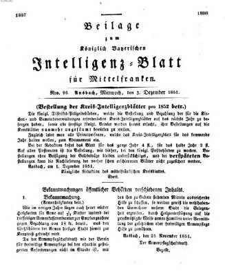 Königlich Bayerisches Intelligenzblatt für Mittelfranken (Ansbacher Intelligenz-Zeitung) Mittwoch 3. Dezember 1851