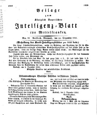 Königlich Bayerisches Intelligenzblatt für Mittelfranken (Ansbacher Intelligenz-Zeitung) Mittwoch 10. Dezember 1851