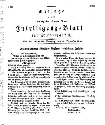 Königlich Bayerisches Intelligenzblatt für Mittelfranken (Ansbacher Intelligenz-Zeitung) Samstag 13. Dezember 1851