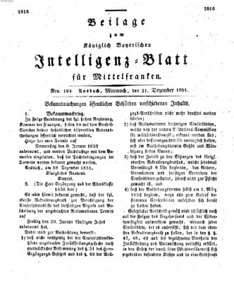 Königlich Bayerisches Intelligenzblatt für Mittelfranken (Ansbacher Intelligenz-Zeitung) Mittwoch 31. Dezember 1851