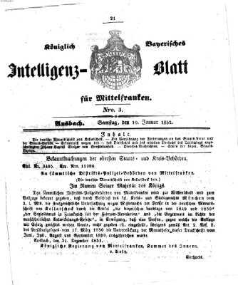 Königlich Bayerisches Intelligenzblatt für Mittelfranken (Ansbacher Intelligenz-Zeitung) Samstag 10. Januar 1852