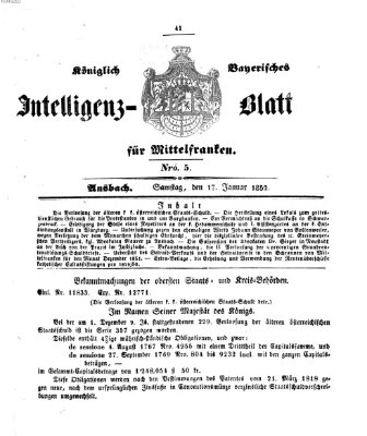 Königlich Bayerisches Intelligenzblatt für Mittelfranken (Ansbacher Intelligenz-Zeitung) Samstag 17. Januar 1852