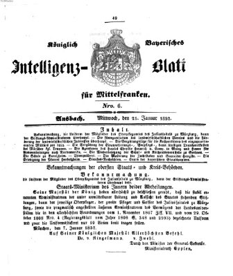 Königlich Bayerisches Intelligenzblatt für Mittelfranken (Ansbacher Intelligenz-Zeitung) Mittwoch 21. Januar 1852