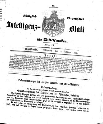 Königlich Bayerisches Intelligenzblatt für Mittelfranken (Ansbacher Intelligenz-Zeitung) Mittwoch 11. Februar 1852