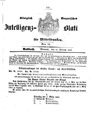 Königlich Bayerisches Intelligenzblatt für Mittelfranken (Ansbacher Intelligenz-Zeitung) Mittwoch 18. Februar 1852