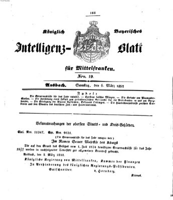 Königlich Bayerisches Intelligenzblatt für Mittelfranken (Ansbacher Intelligenz-Zeitung) Samstag 6. März 1852