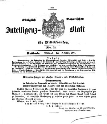 Königlich Bayerisches Intelligenzblatt für Mittelfranken (Ansbacher Intelligenz-Zeitung) Mittwoch 17. März 1852