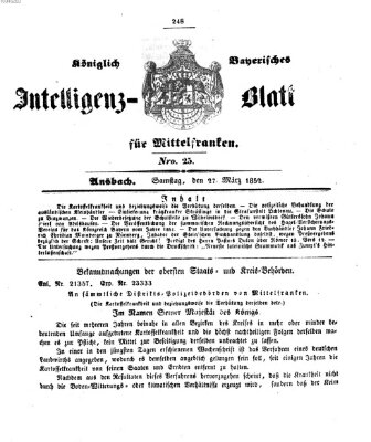 Königlich Bayerisches Intelligenzblatt für Mittelfranken (Ansbacher Intelligenz-Zeitung) Samstag 27. März 1852