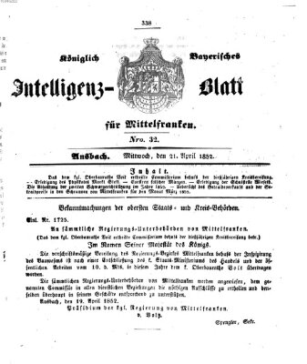 Königlich Bayerisches Intelligenzblatt für Mittelfranken (Ansbacher Intelligenz-Zeitung) Mittwoch 21. April 1852