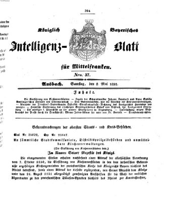 Königlich Bayerisches Intelligenzblatt für Mittelfranken (Ansbacher Intelligenz-Zeitung) Samstag 8. Mai 1852