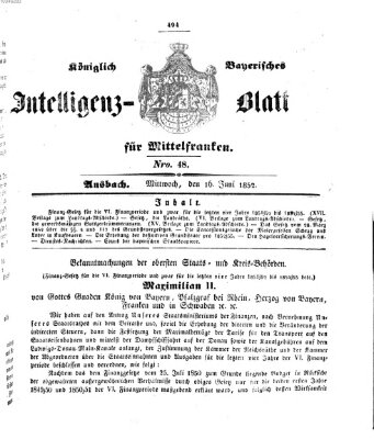 Königlich Bayerisches Intelligenzblatt für Mittelfranken (Ansbacher Intelligenz-Zeitung) Mittwoch 16. Juni 1852