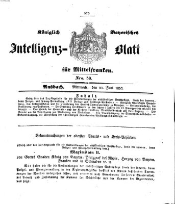 Königlich Bayerisches Intelligenzblatt für Mittelfranken (Ansbacher Intelligenz-Zeitung) Mittwoch 23. Juni 1852