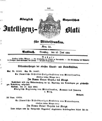 Königlich Bayerisches Intelligenzblatt für Mittelfranken (Ansbacher Intelligenz-Zeitung) Samstag 26. Juni 1852