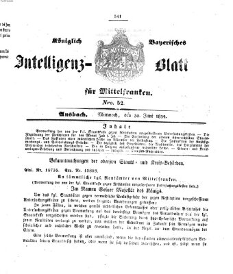 Königlich Bayerisches Intelligenzblatt für Mittelfranken (Ansbacher Intelligenz-Zeitung) Mittwoch 30. Juni 1852