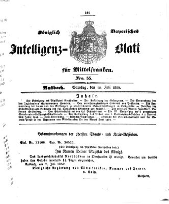 Königlich Bayerisches Intelligenzblatt für Mittelfranken (Ansbacher Intelligenz-Zeitung) Samstag 10. Juli 1852