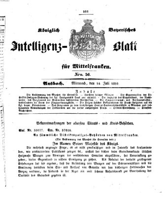 Königlich Bayerisches Intelligenzblatt für Mittelfranken (Ansbacher Intelligenz-Zeitung) Mittwoch 14. Juli 1852