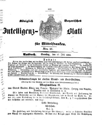 Königlich Bayerisches Intelligenzblatt für Mittelfranken (Ansbacher Intelligenz-Zeitung) Samstag 17. Juli 1852