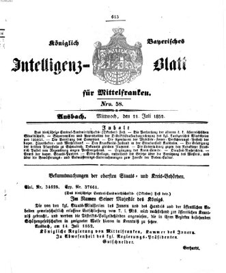 Königlich Bayerisches Intelligenzblatt für Mittelfranken (Ansbacher Intelligenz-Zeitung) Mittwoch 21. Juli 1852