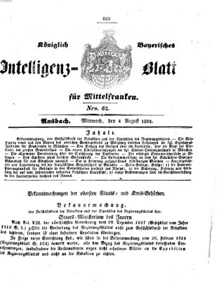 Königlich Bayerisches Intelligenzblatt für Mittelfranken (Ansbacher Intelligenz-Zeitung) Mittwoch 4. August 1852