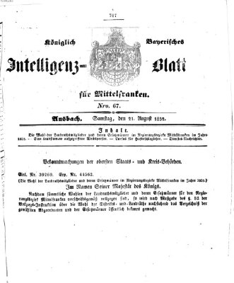 Königlich Bayerisches Intelligenzblatt für Mittelfranken (Ansbacher Intelligenz-Zeitung) Samstag 21. August 1852