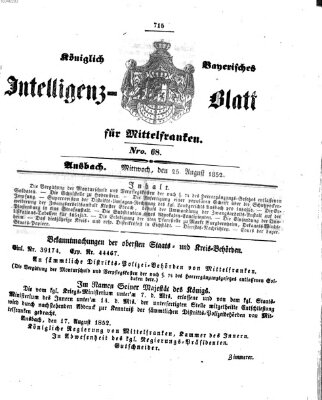 Königlich Bayerisches Intelligenzblatt für Mittelfranken (Ansbacher Intelligenz-Zeitung) Mittwoch 25. August 1852