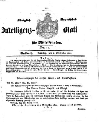 Königlich Bayerisches Intelligenzblatt für Mittelfranken (Ansbacher Intelligenz-Zeitung) Samstag 4. September 1852