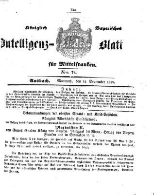 Königlich Bayerisches Intelligenzblatt für Mittelfranken (Ansbacher Intelligenz-Zeitung) Mittwoch 15. September 1852