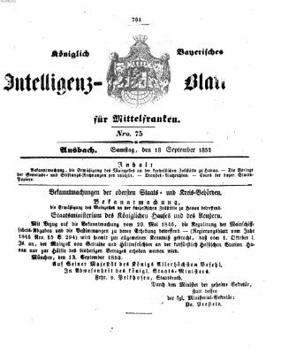 Königlich Bayerisches Intelligenzblatt für Mittelfranken (Ansbacher Intelligenz-Zeitung) Samstag 18. September 1852