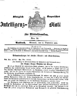 Königlich Bayerisches Intelligenzblatt für Mittelfranken (Ansbacher Intelligenz-Zeitung) Mittwoch 22. September 1852