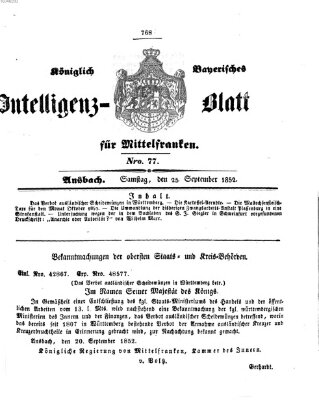 Königlich Bayerisches Intelligenzblatt für Mittelfranken (Ansbacher Intelligenz-Zeitung) Samstag 25. September 1852