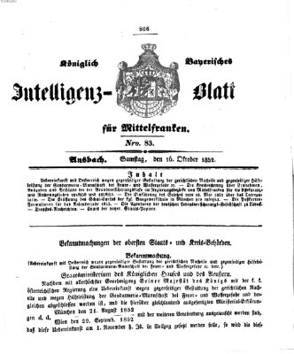 Königlich Bayerisches Intelligenzblatt für Mittelfranken (Ansbacher Intelligenz-Zeitung) Samstag 16. Oktober 1852