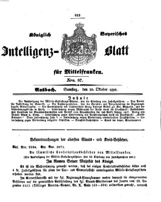 Königlich Bayerisches Intelligenzblatt für Mittelfranken (Ansbacher Intelligenz-Zeitung) Samstag 30. Oktober 1852