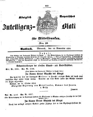 Königlich Bayerisches Intelligenzblatt für Mittelfranken (Ansbacher Intelligenz-Zeitung) Mittwoch 10. November 1852