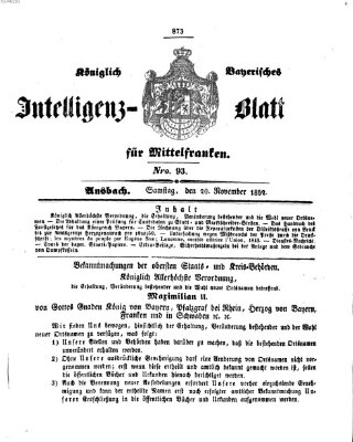 Königlich Bayerisches Intelligenzblatt für Mittelfranken (Ansbacher Intelligenz-Zeitung) Samstag 20. November 1852