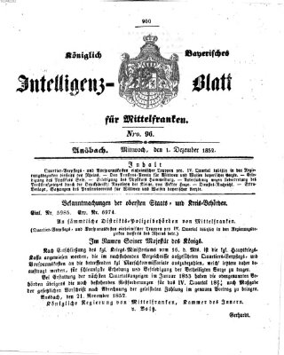 Königlich Bayerisches Intelligenzblatt für Mittelfranken (Ansbacher Intelligenz-Zeitung) Mittwoch 1. Dezember 1852