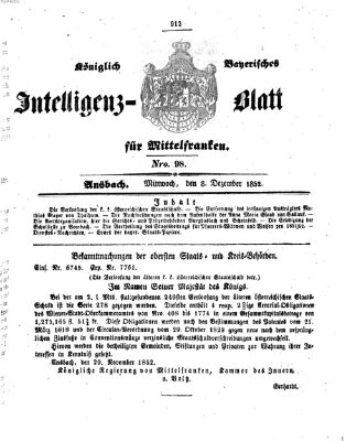 Königlich Bayerisches Intelligenzblatt für Mittelfranken (Ansbacher Intelligenz-Zeitung) Mittwoch 8. Dezember 1852