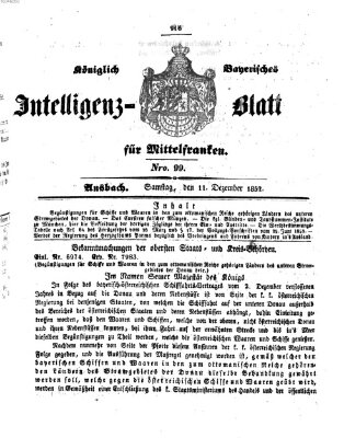 Königlich Bayerisches Intelligenzblatt für Mittelfranken (Ansbacher Intelligenz-Zeitung) Samstag 11. Dezember 1852