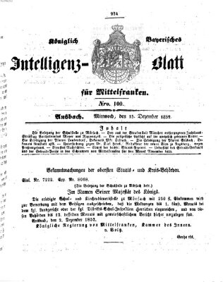 Königlich Bayerisches Intelligenzblatt für Mittelfranken (Ansbacher Intelligenz-Zeitung) Mittwoch 15. Dezember 1852