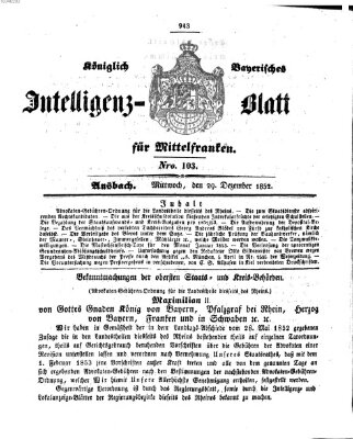 Königlich Bayerisches Intelligenzblatt für Mittelfranken (Ansbacher Intelligenz-Zeitung) Mittwoch 29. Dezember 1852