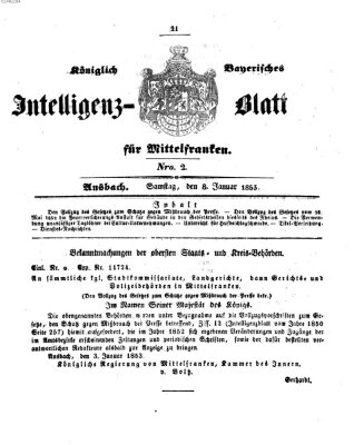 Königlich Bayerisches Intelligenzblatt für Mittelfranken (Ansbacher Intelligenz-Zeitung) Samstag 8. Januar 1853