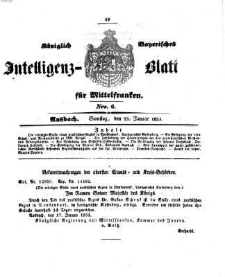 Königlich Bayerisches Intelligenzblatt für Mittelfranken (Ansbacher Intelligenz-Zeitung) Samstag 22. Januar 1853