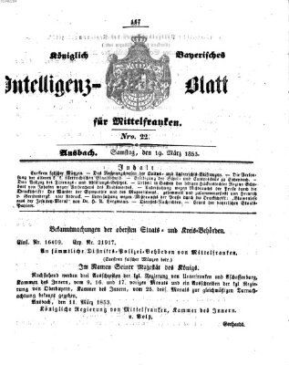 Königlich Bayerisches Intelligenzblatt für Mittelfranken (Ansbacher Intelligenz-Zeitung) Samstag 19. März 1853