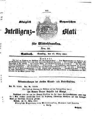 Königlich Bayerisches Intelligenzblatt für Mittelfranken (Ansbacher Intelligenz-Zeitung) Samstag 26. März 1853