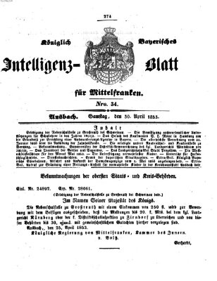 Königlich Bayerisches Intelligenzblatt für Mittelfranken (Ansbacher Intelligenz-Zeitung) Samstag 30. April 1853