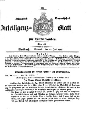 Königlich Bayerisches Intelligenzblatt für Mittelfranken (Ansbacher Intelligenz-Zeitung) Mittwoch 22. Juni 1853