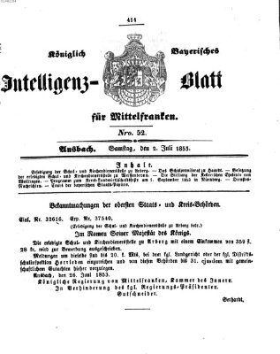 Königlich Bayerisches Intelligenzblatt für Mittelfranken (Ansbacher Intelligenz-Zeitung) Samstag 2. Juli 1853