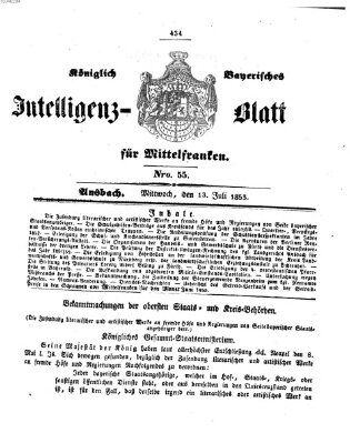 Königlich Bayerisches Intelligenzblatt für Mittelfranken (Ansbacher Intelligenz-Zeitung) Mittwoch 13. Juli 1853