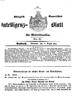 Königlich Bayerisches Intelligenzblatt für Mittelfranken (Ansbacher Intelligenz-Zeitung) Mittwoch 17. August 1853