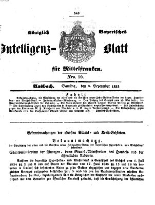 Königlich Bayerisches Intelligenzblatt für Mittelfranken (Ansbacher Intelligenz-Zeitung) Samstag 3. September 1853