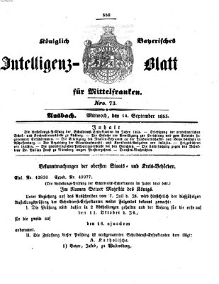 Königlich Bayerisches Intelligenzblatt für Mittelfranken (Ansbacher Intelligenz-Zeitung) Mittwoch 14. September 1853